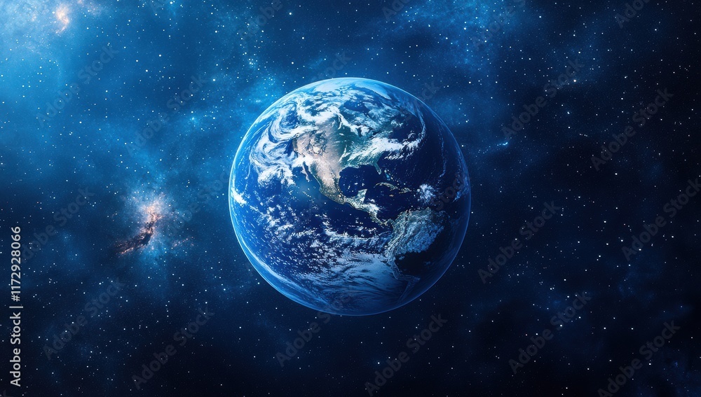 A blue and white planet with a starry sky in the background A blue and white planet with a starry sky in the background