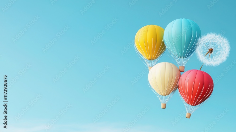 Obraz premium A surreal scene of dandelion seeds turning into colorful hot air balloons, drifting peacefully across a clear blue sky