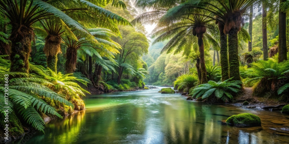 Primeval River Scene: Tranquil Wilderness, Ferns, Cycads, Lush Landscape, Nature Photography Primeval River Scene: Tranquil Wilderness, Ferns, Cycads, Lush Landscape, Nature Photography