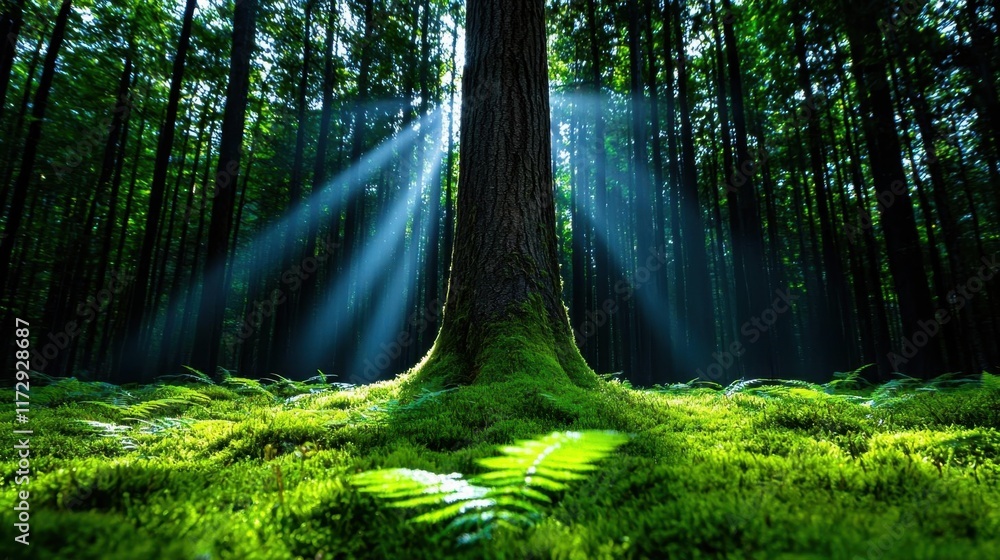 Obraz premium A photostock of a magical forest scene with sunlight streaming through tall trees, illuminating patches of moss and ferns, symbolizing wonder and serenity. High Quality