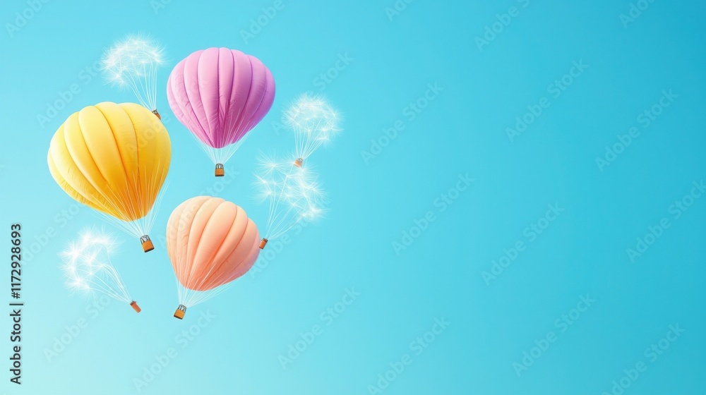 Obraz premium A surreal scene of dandelion seeds turning into colorful hot air balloons