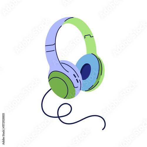 Hand drawn cute cartoon illustration of headphones. Flat vector headset sticker in simple colored doodle style. Music device icon or print. Isolated on white background.
