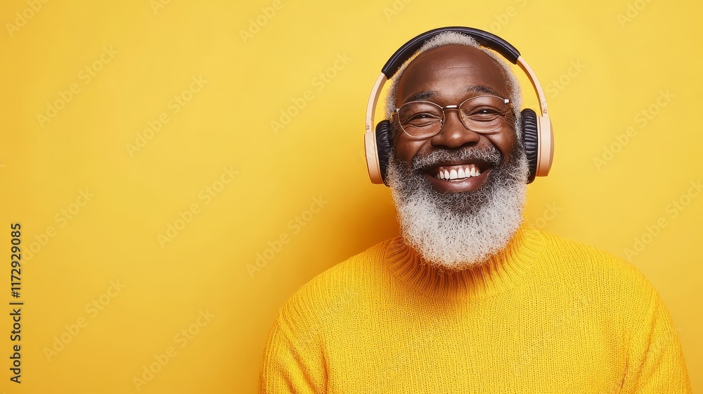 Joyful Elderly African Man with Beard Wearing Wireless Headphones on Pastel Yellow Background with Copyspace for Text Joyful Elderly African Man with Beard Wearing Wireless Headphones on Pastel Yellow Background with Copyspace for Text