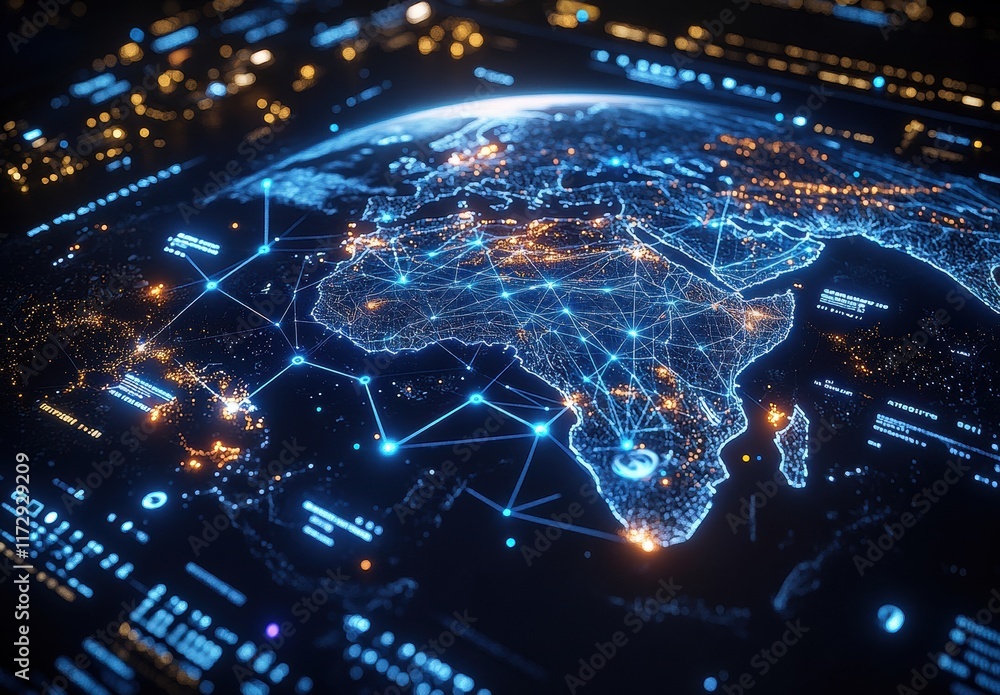 A computer screen shows a map of the world with a blue and orange glow A computer screen shows a map of the world with a blue and orange glow