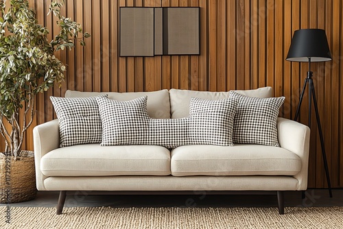 Beige Sofa, Gingham Pillows, Wood Wall, Floor Lamp1 photo