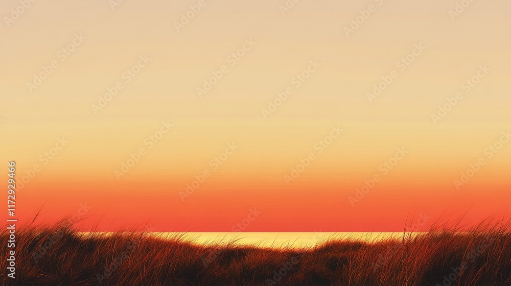 Serene sunset over calm ocean, viewed from dune grasses. Serene sunset over calm ocean, viewed from dune grasses.
