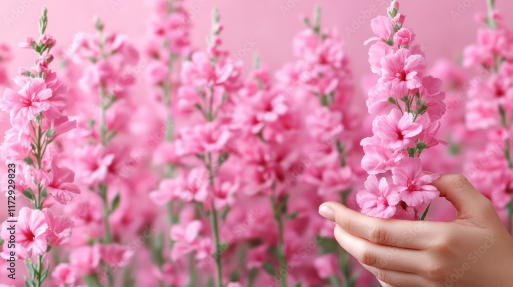 A hand gently touches pink flowers against a soft pink background. A hand gently touches pink flowers against a soft pink background.