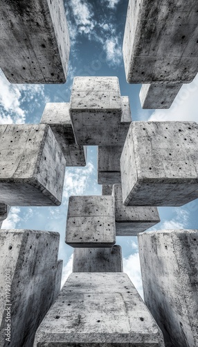 Abstract concrete blocks against a blue sky.  A modern architectural composition.