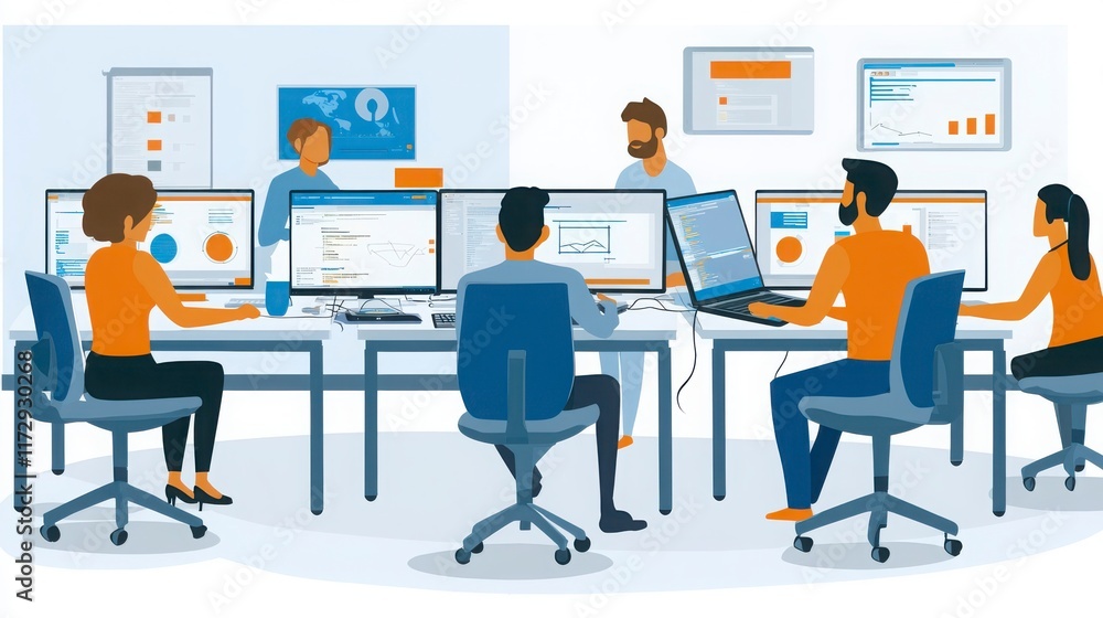 Team Collaboration in Modern Office with Data Analysis Displays Team Collaboration in Modern Office with Data Analysis Displays
