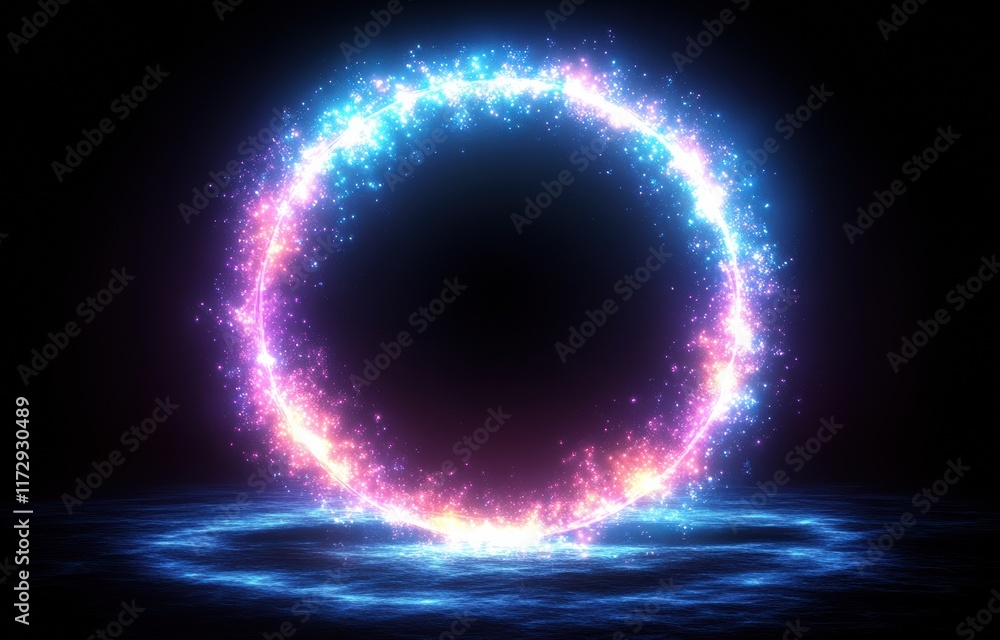 A large, glowing, colorful, and mysterious circle is floating in the sky A large, glowing, colorful, and mysterious circle is floating in the sky