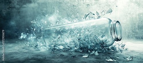 Shattered glass bottle exploding on the ground. photo