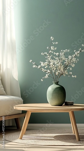 Blush flowers in vase on wooden coffee table. photo