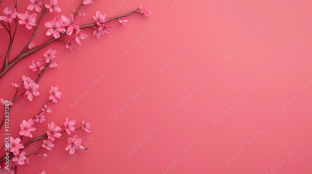 Fototapeta premium A delicate branch of pink flowers against a soft coral background, creating a serene and vibrant aesthetic.