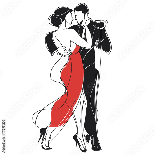 Elegant couple dancing, the woman in a red dress.