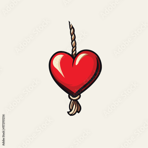 Red heart hanging from a twisted rope with highlights.