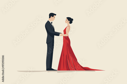 Elegant couple, woman in red dress, man in black suit.