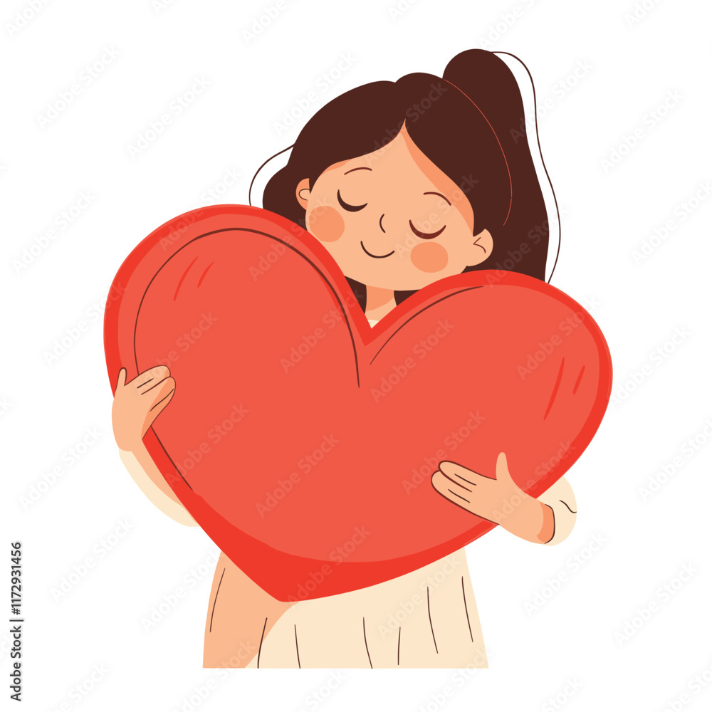 Girl holding a large red heart with content expression. Girl holding a large red heart with content expression.