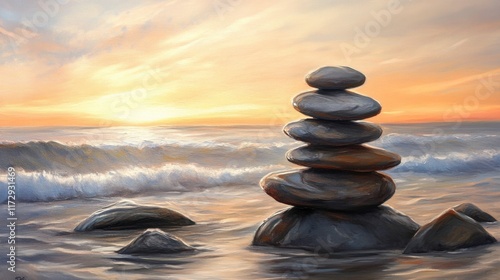 A balanced stack of radiant pebbles set against a backdrop of gentle waves and a golden horizon.