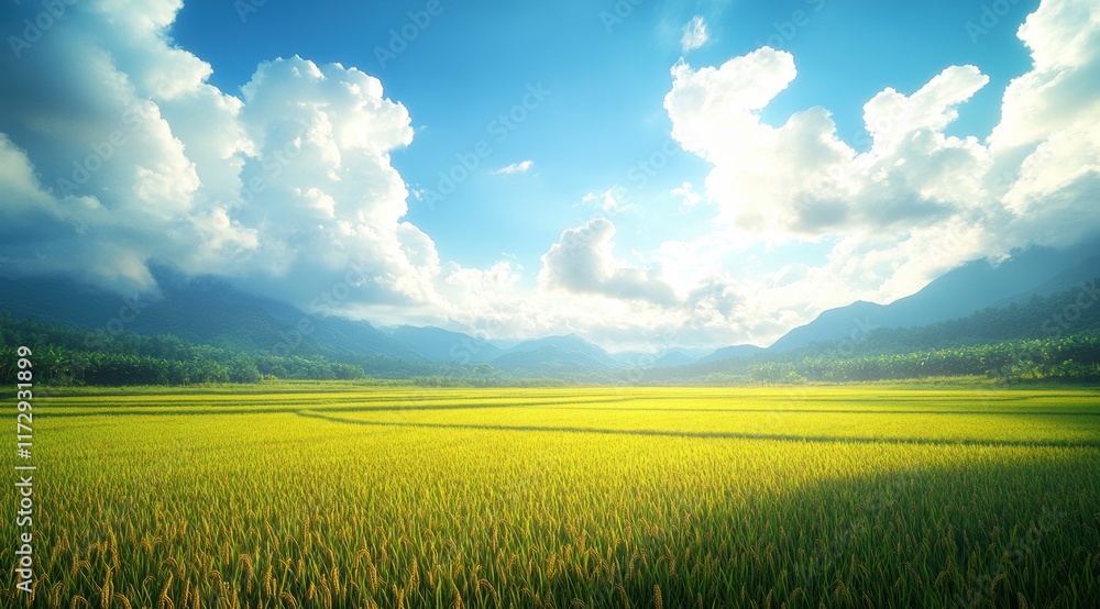 Fototapeta premium A field of yellow grass with a beautiful sunset in the background