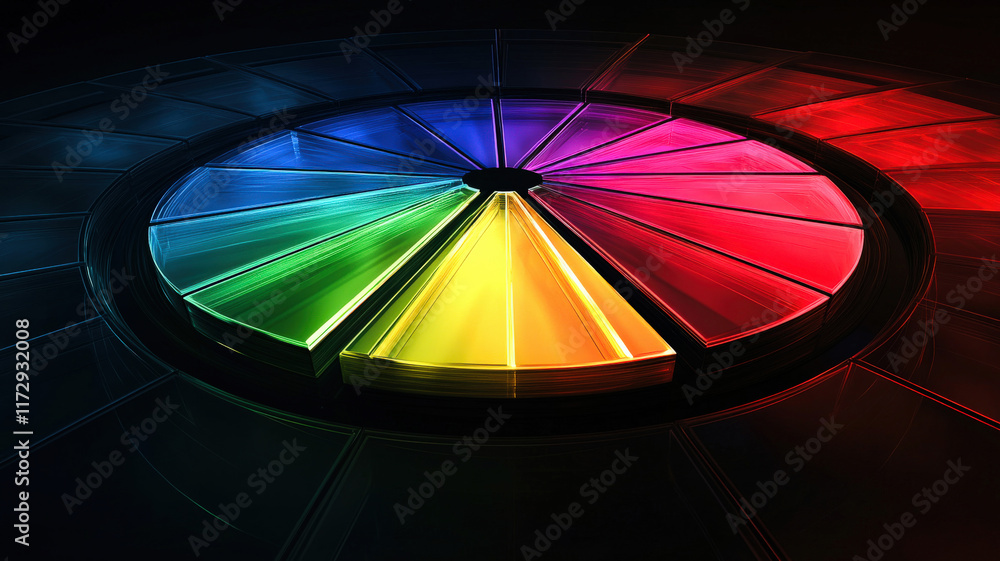 Obraz premium A radial area chart with glowing, transparent layers in vivid gradients, centered on a polished, holographic black background, creating a sleek and dynamic data visualization.