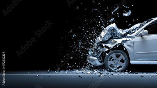 Car crash incident roadside high-impact collision dark environment close-up view automotive safety concept