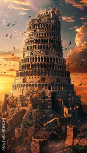 A stunning representation of the tower of babel under a vivid sunset with intricate details
