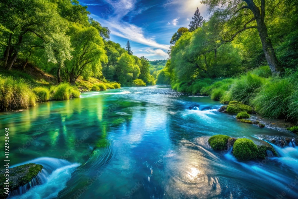 Papier peint photo avec Stream 2:  High-Resolution River Flowing, Water Nature Scene,  Landscape Photography,  Blue Water,  Peaceful River,  Nature Background,  Serenity,  Clean Water #1172932473