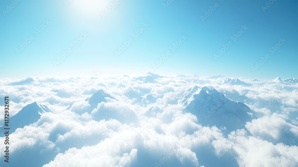 Snow-capped mountains peak above a sea of clouds under a bright sun. Snow-capped mountains peak above a sea of clouds under a bright sun.
