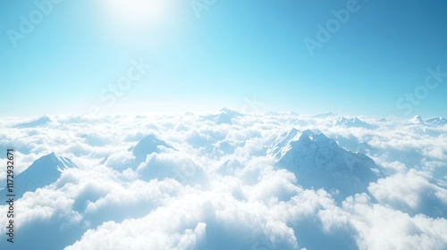 Snow-capped mountains peak above a sea of clouds under a bright sun.