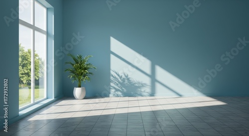 interior design, minimalist room, large window, natural light, sunbeams, shadow play, potted plant, white floor, teal wall, empty space, clean aesthetic, architectural render, 3D visualization, soft l