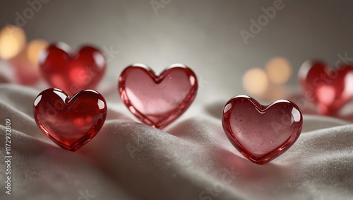 Five translucent heart-shaped objects rest on fabric, likely related to Valentine's Day, given the site content. Two of the hearts are red, and three are pink. photo