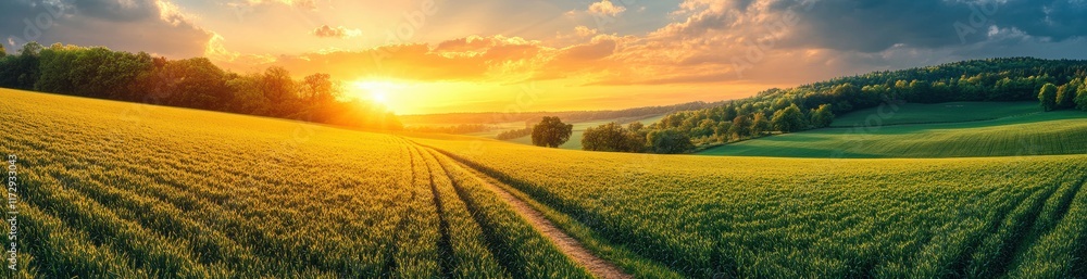Obraz premium A field of grass with a sun shining through the clouds