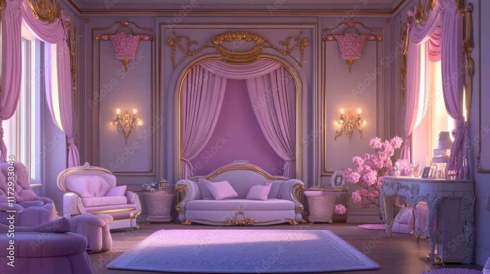 Fototapeta premium A beautiful princess living room with ornate curtains, gold-trimmed furniture, and soft lighting for a cozy atmosphere.
