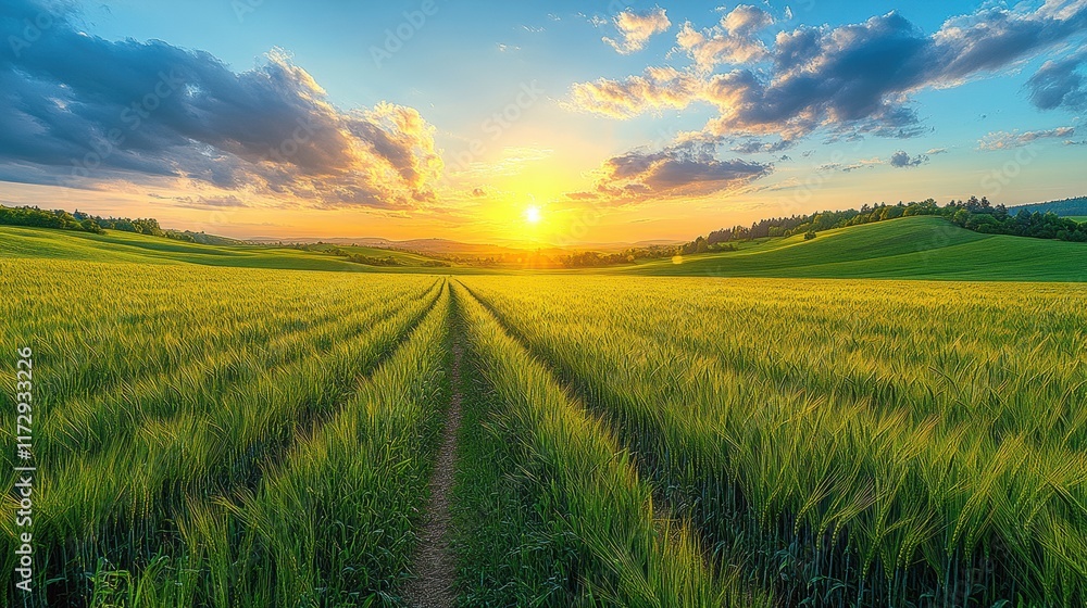 Obraz premium A field of grass with a sun shining through the clouds