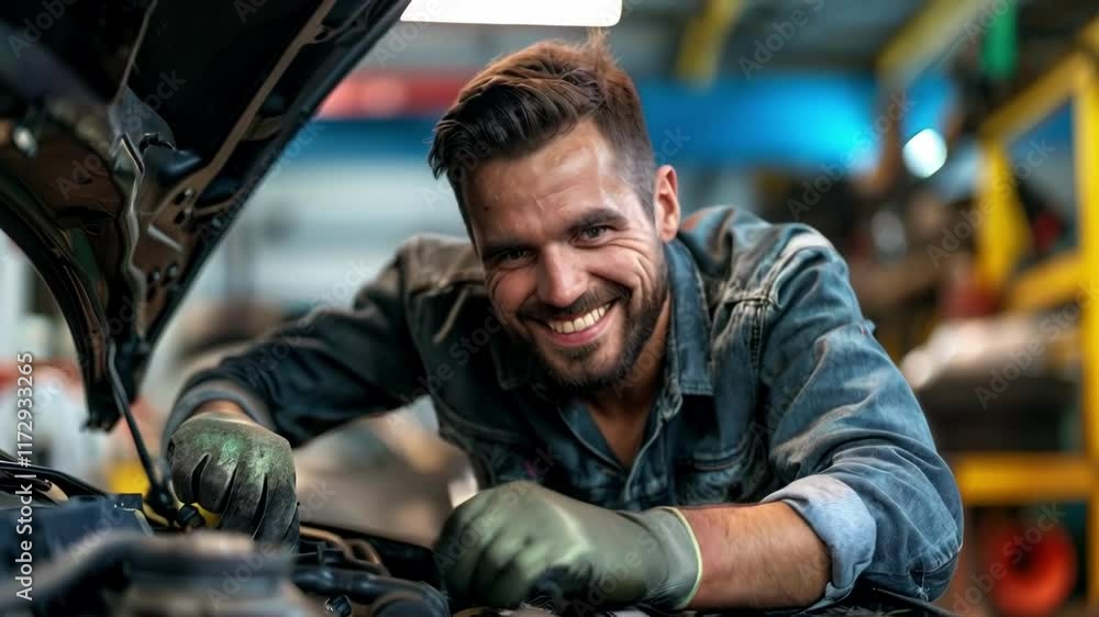 A mechanical engineer is repairing the car in the garage A mechanical engineer is repairing the car in the garage