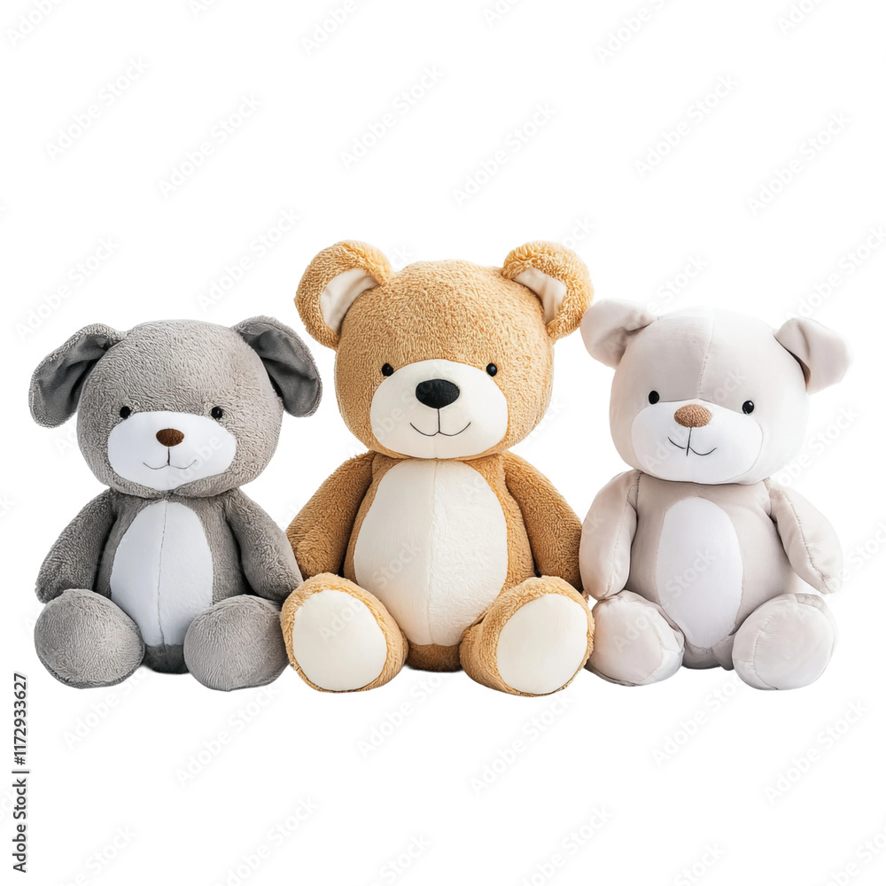 Adorable Plush Toys: Three soft, cuddly plush toys – a grey puppy, a light brown bear, and a beige puppy – sit together. Adorable Plush Toys: Three soft, cuddly plush toys – a grey puppy, a light brown bear, and a beige puppy – sit together.