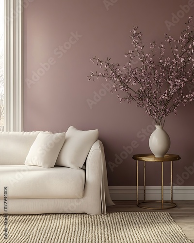 Cozy living room with mauve walls and linen sofa.