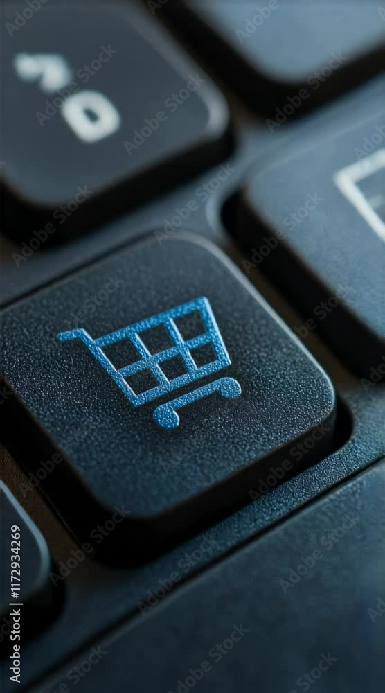 Blue shopping cart symbol glowing on a black computer keyboard key represents the ease and convenience of online shopping, e commerce, and online payment for modern consumers Blue shopping cart symbol glowing on a black computer keyboard key represents the ease and convenience of online shopping, e commerce, and online payment for modern consumers