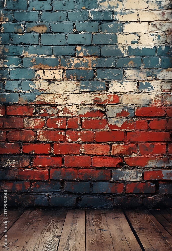 Fototapeta premium Distressed Brick Wall with Wood Floor