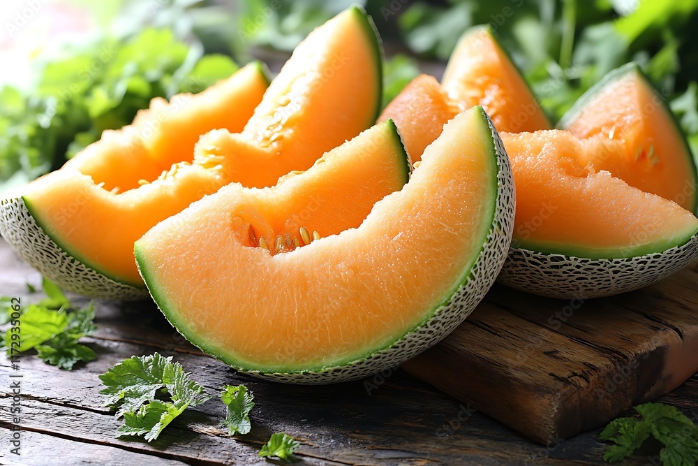 Slices of sweet cantaloupe melon on rustic wood Slices of sweet cantaloupe melon on rustic wood