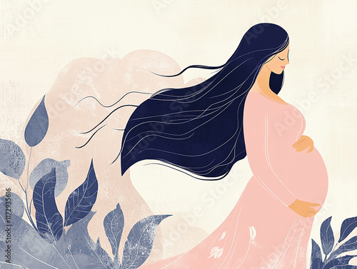 A captivating illustration of a pregnant woman with flowing hair and abstract artistic elements showcasing the delicate beauty of maternity and the nurturing essence of motherhood and pregnancy
