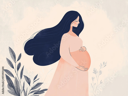 An elegant depiction of a pregnant woman with flowing hair and a glowing baby bump showcasing the beauty of motherhood and the graceful femininity of expecting mothers in a soft artistic style