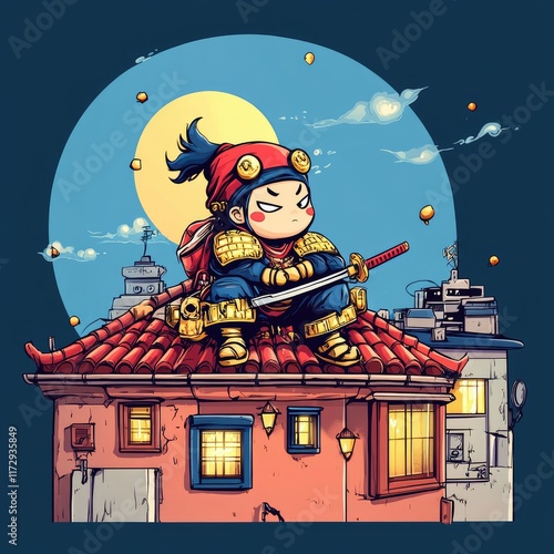 A cartoon character dressed as a samurai sits on a rooftop at night, holding a sword. photo