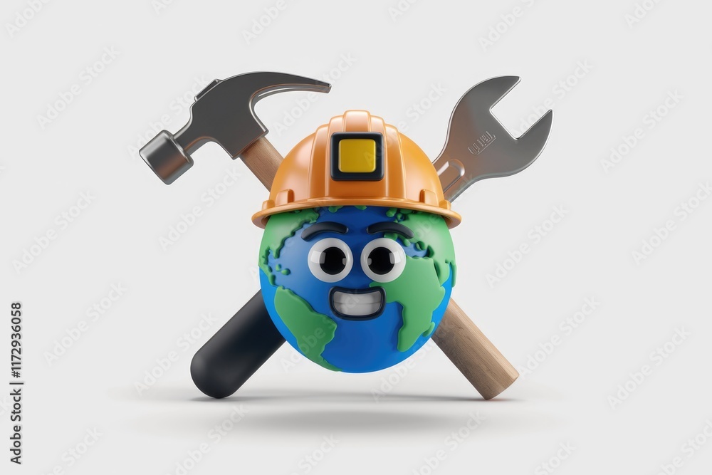 A happy Earth wearing a hard hat, crossed with a hammer and wrench, symbolizes environmental construction and repair. A happy Earth wearing a hard hat, crossed with a hammer and wrench, symbolizes environmental construction and repair.