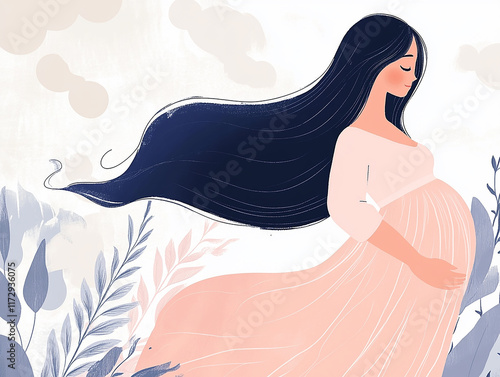 An artistic depiction of a pregnant woman embracing her journey to motherhood with a glowing baby bump and graceful feminine features highlighted by soft colors and abstract artistic elements