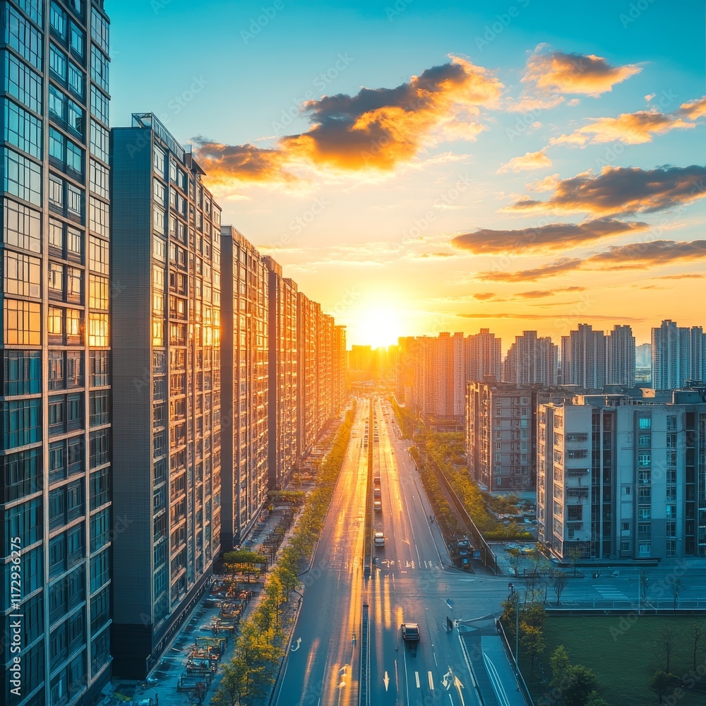 Fototapeta premium A sunset view over a modern cityscape with buildings lining a road.