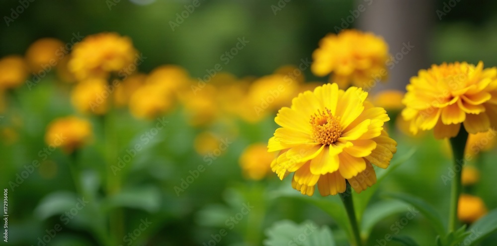 Bright yellow marigold flowers bloom in a garden bed, gardenphotography, outdoorflowerbed Bright yellow marigold flowers bloom in a garden bed, gardenphotography, outdoorflowerbed