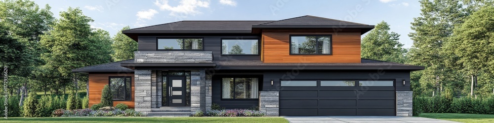 Modern two-story house with a blend of wood and stone exterior, surrounded by greenery. Modern two-story house with a blend of wood and stone exterior, surrounded by greenery.