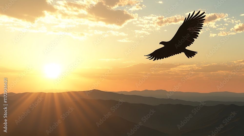 Fototapeta premium Majestic eagle silhouetted against a vibrant sunset over a mountain range.