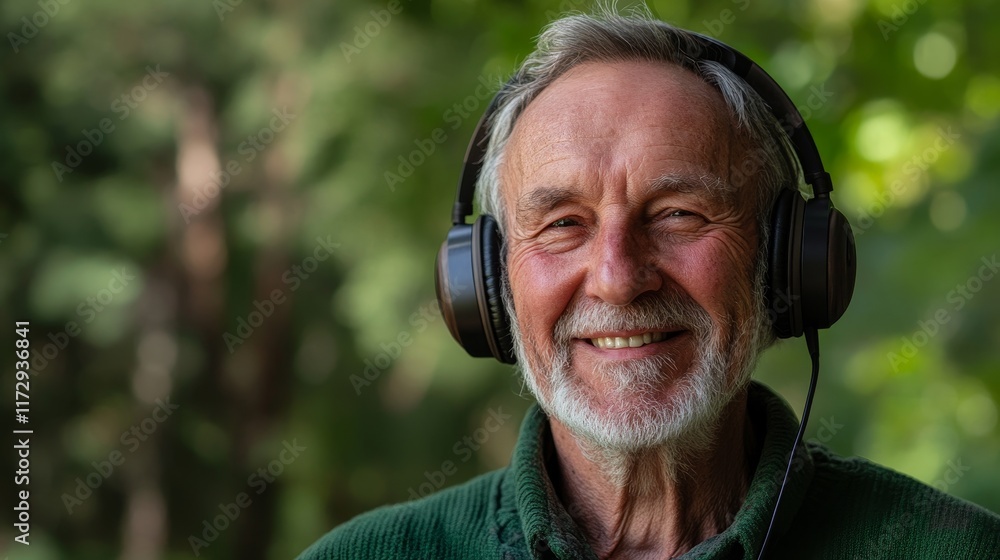 Happy Elderly Man Enjoying Music with Over-Ear Headphones in Nature Background with Copy Space Happy Elderly Man Enjoying Music with Over-Ear Headphones in Nature Background with Copy Space